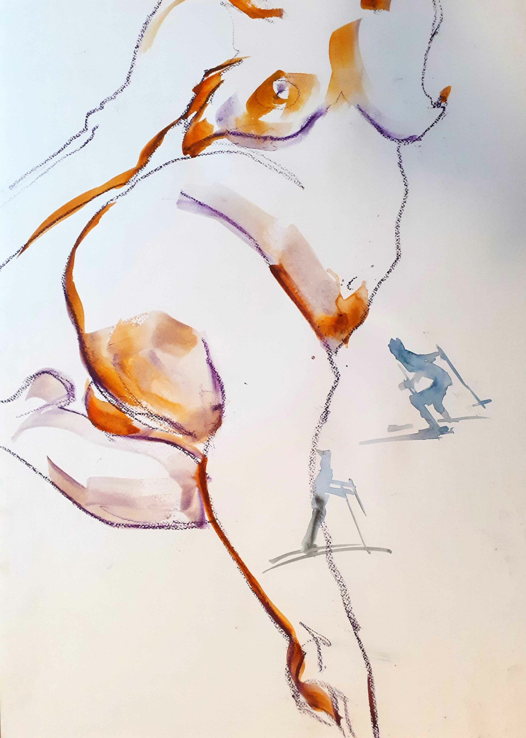 Akt mit Schifahrer Inktense und Aquarell auf Leinwand 50 x 70 cm