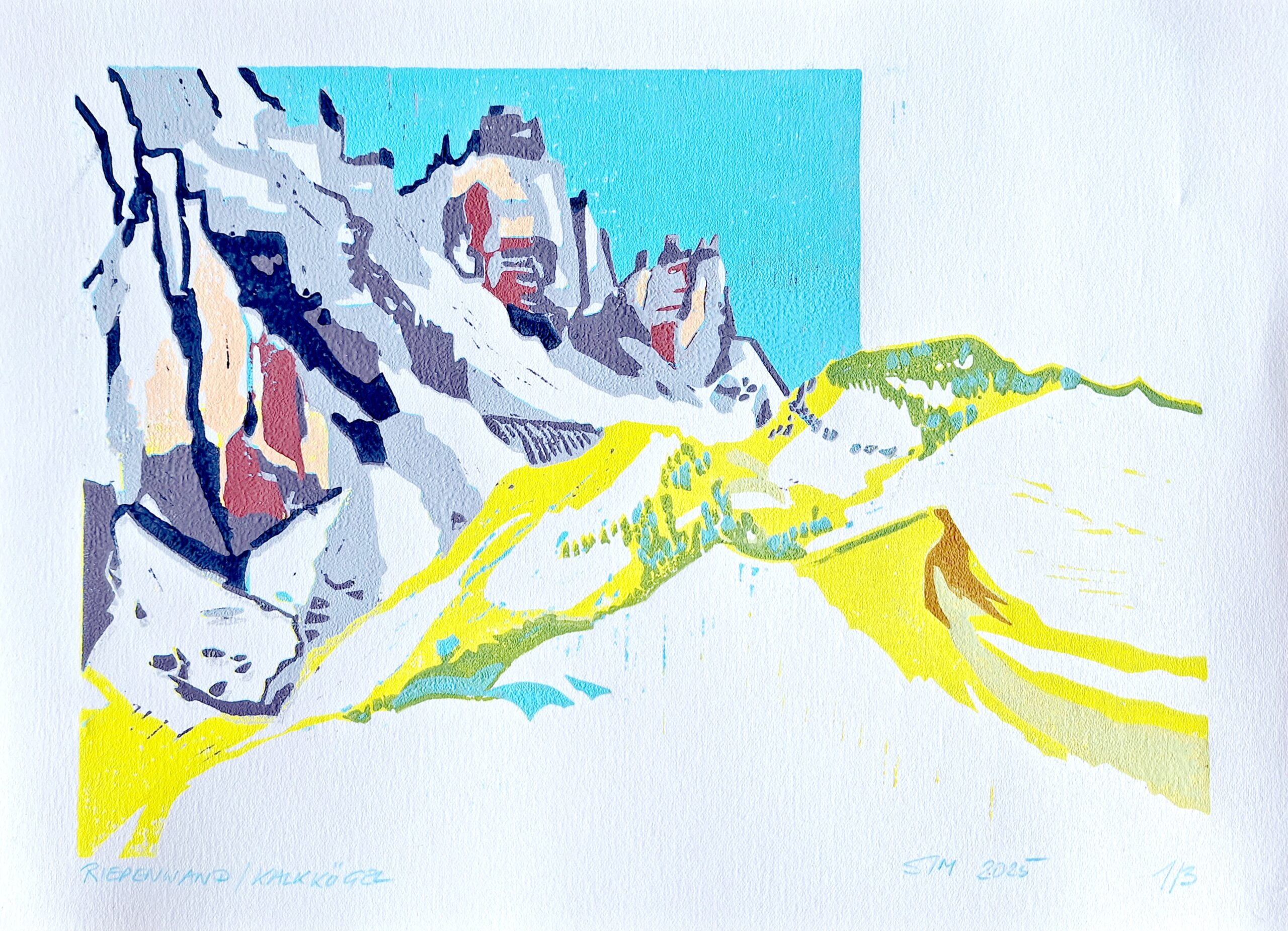 „Riepenwand Kalkkögel“, Farblinocut, © Beate Simmerle