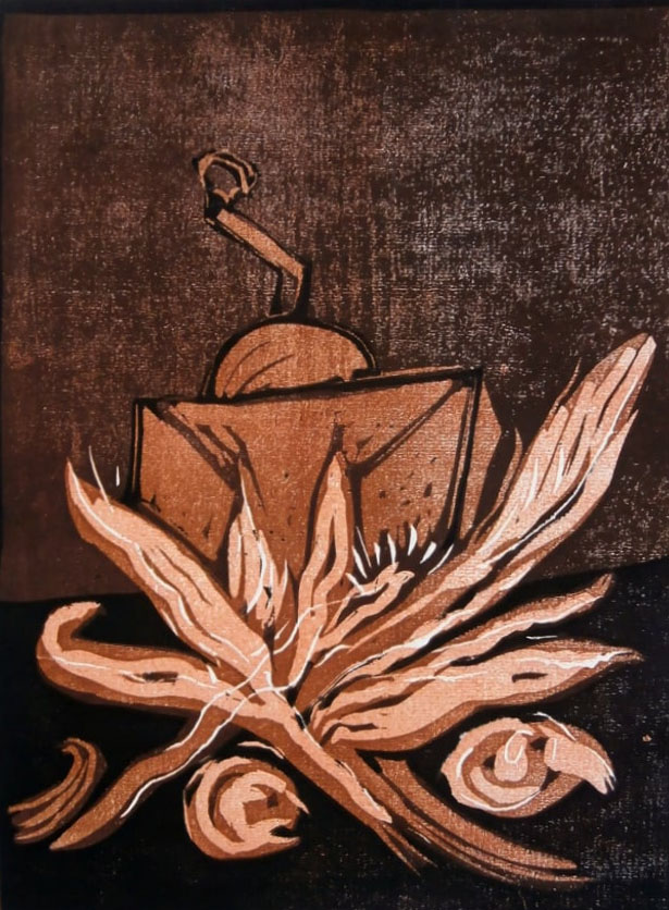 „Kaffeemühle mit Türkenflitschen“, Farblinolschnitt, © Benno Meliss